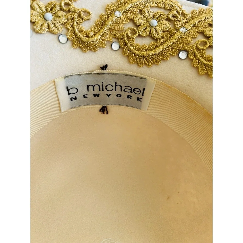 Michael New York Ivory Wide Brim Fedora Hat Gold Lace Rhinestone Size M